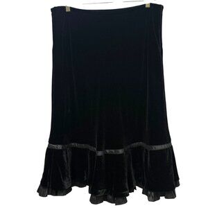 LOFT Ann Taylor Black Velvet Skirt Size 14 Rayon Silk Ruffled Hem Midi Goth Boho